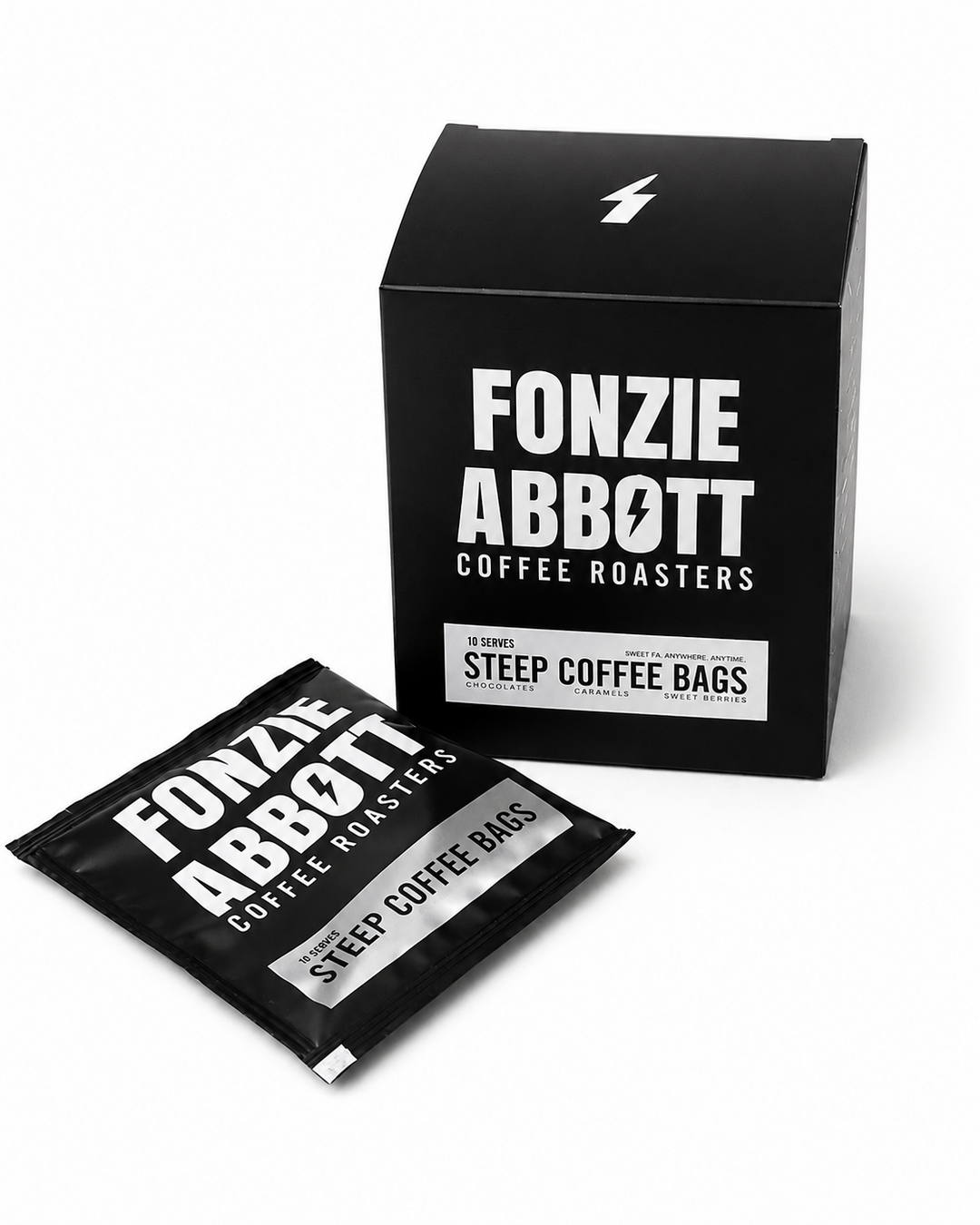 A black box and individual packet of Fonzie Abbott Coffee Roasters Steep Coffee Bags on a clean white background.