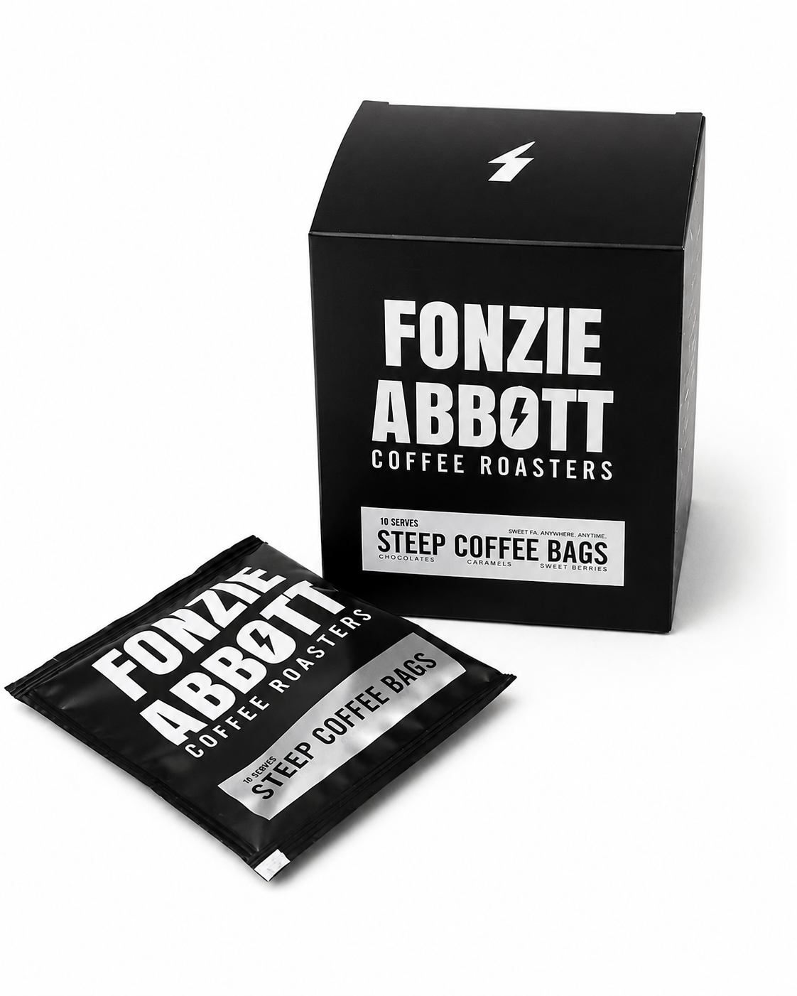 A black box and individual packet of Fonzie Abbott Coffee Roasters Steep Coffee Bags on a clean white background.
